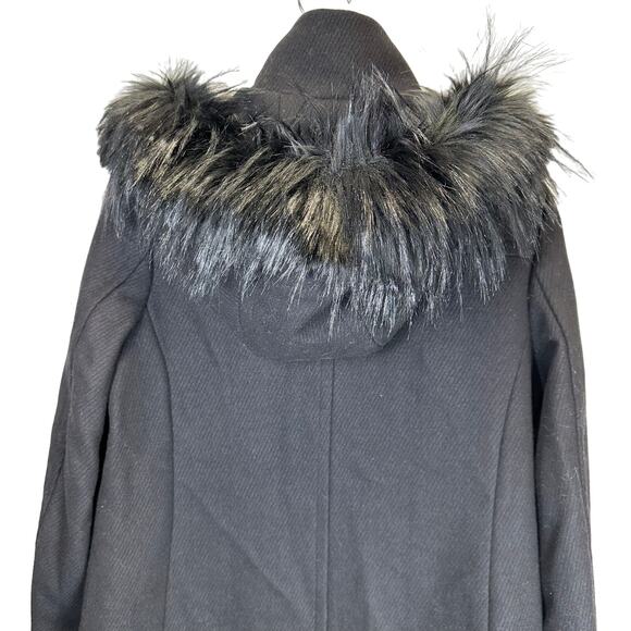 Cole Haan Black Faux Fur Trim Hooded Wool Long Duffle Pea Coat Womens Size 8 - Picture 11 of 16